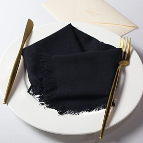 Dololoo Handmade Cloth Napkins, Cotton Linen Cloth Napkins With Fringe, Versatile Handmade Square Rustic Fringe Napkins For Dinner, Wedding And Parties, 18 X 18 Inches Set Of 4, Black #TOP1