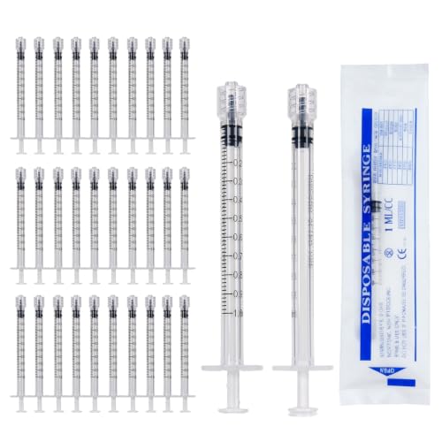 30 Piezas Jeringuilla, 1 ml Jeringa con Tapas, Sin Aguja Jeringuillas, Plástico Multipropósito Jeringas 1ml para Rellenar y Medir Líquidos, Alimentación de Mascotas (Blanco)
