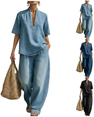 Cozy Minimalist Two-Piece Denim Set Women V Neck Short Sleeve Tops Jean Wide Leg Palazzo Pants Match...