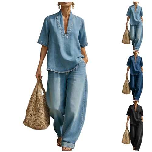 KAJXZ Denim Set for Women Minimalist Two Piece Outfits Summer