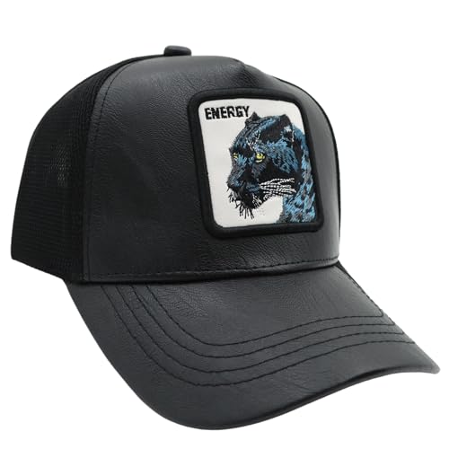 Image of kill off Leather Baseball Cap Panther Patch Cap Trucker for Men Snapback Mesh Animal Patch Hat Men's Black Djustable Baseball Hat Streetwear Fashion Hat