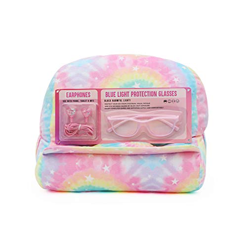 Plush Tie Dye Kids Tablet Holder Pillow Stand for Girls with Ear Buds & Blue Light Glasses