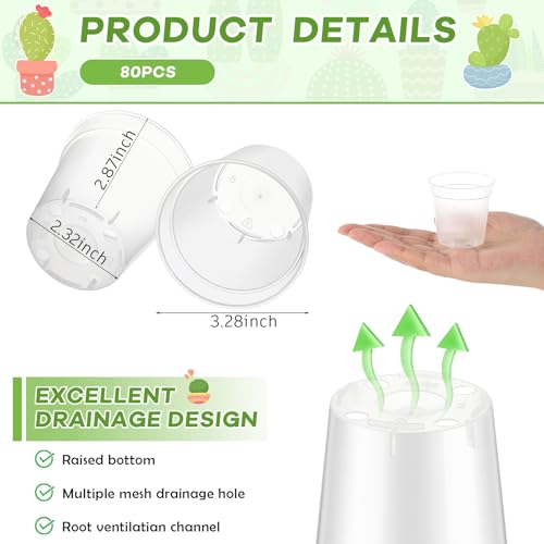 Yaomiao 80 Pcs 3 Inch Clear Mini Plastic Plant Pot Nursery Seedling Pots Seed Starter with Drainage Holes for Indoor Outdoor Garden Succulent Plants Cuttings Transplanting - Image 2