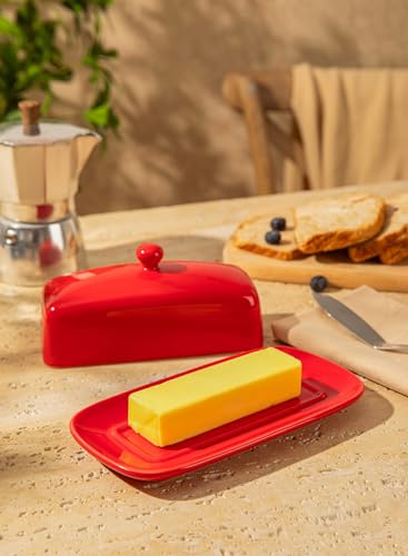 Sweese Butter Dish with Lid, Porcelain Butter Keeper, 7.8 Inch Butter Holder with Handle Cover, Butter Container Perfect for East West Coast Butter, Red - Thumbnail 4
