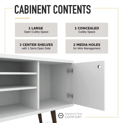 Manhattan Comfort Liberty Mid-Century Modern Living Room Tv Stand With Shelves And A Cabinet With Splayed Legs, 200Amc: 53.14 Inch, White #TOP4