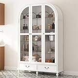 ROMSHINE Arched Storage Cabinet with Glass Doors, 77.2' H Large Display Cabilet Bookshelf with 2 Drawers & Solid Wood Legs, Home Office File Cabinet Collectibles Showcase, White