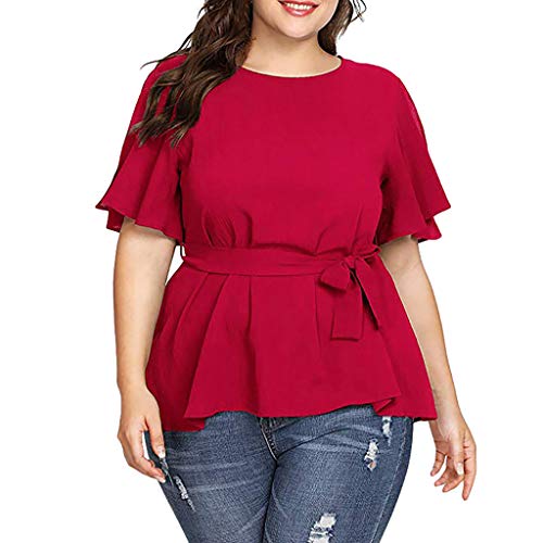 HIRIRI Women s Plus Size Hem Ruffle Short Sleeve Belted Knot Blouse Flare Peplum T Shirts Top Red