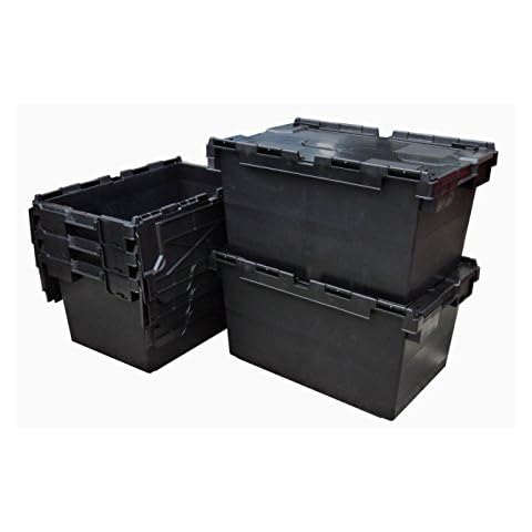 Plastor 5 x Large Plastic 80 Litre Heavy Duty Storage Boxes (71 x 46 x 36.8cm) Black LC3 Crates with Attached Hinged Lids Cover