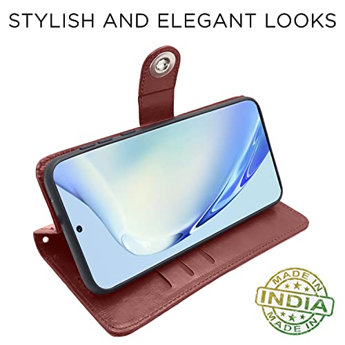 Image of Pikkme Vivo V27 / V27 Pro 5G Flip Cover Leather Finish | Inside TPU with Card Pockets | Wallet Stand and Shock Proof | Complete Protection Button Flip Case (Brown)