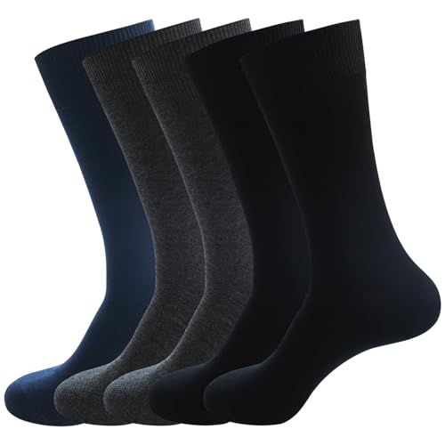 PUJANE Men's Cotton Business Dress Socks 5 Pairs (Black/Grey/Navy Size L)