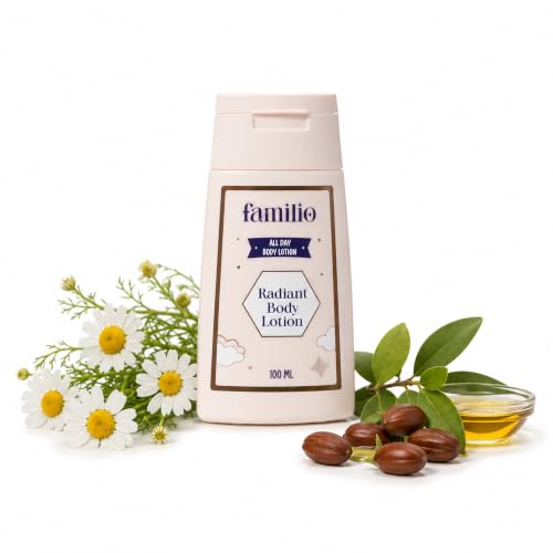 Image of Familio Radiant Body Lotion for kids, teens and adults| Nourishing Body Lotion for winter, dry skin with Natural Oils| Deep Hydration & 24-Hour Moisture Lock | Gentle Skincare for Soft, Smooth, and Glowing Skin | 100 ml