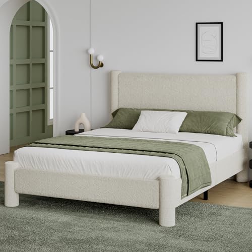 Full Size Bed Frame, Boucle Upholstered Platform Bed with Headboard and Footboard, Soft Rounded Corners, No Box Spring Required, Easy Assembly, Cream