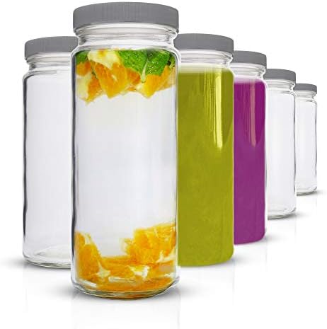 All About Juicing Glass Water Bottles Set - 6 Pack Wide Mouth with Lids for Juice, Smoothies, Beverage Storage - 16 oz, Durable, Reusable, Dishwasher Safe, Leak Proof, Grey Caps