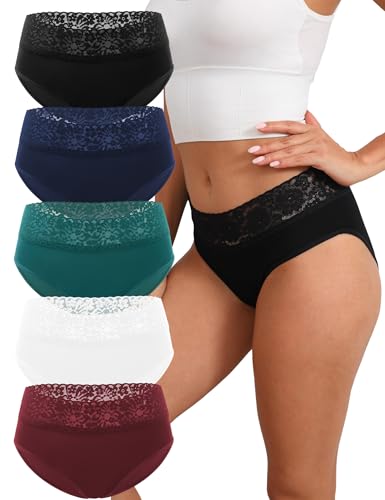 Wukemimi Women's High Waist Cotton Underwear Set - 5-Pack Lace Bikini Panties, Comfortable & Stretchable Ladies Panties Size XL, Assorted Colors