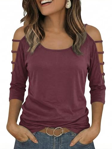 Shirts for Women Cold Shoulder 3/4 Sleeve Cutout Arm Tops Sexy Going Out Casual Y2k Cute Blouse Tops for Daily,S,Maroon