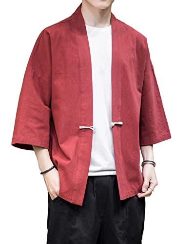 Image of Mens Kimono Cardigan Cotton Linen Japanese Shirt 3 /4 Sleeve Haori Yukata | Skin-Friendly Solid Color Lightweight Shawl Collar Kimono Robe Embroidery Button Tie Pockets Happi Coat All Season Daily Wear