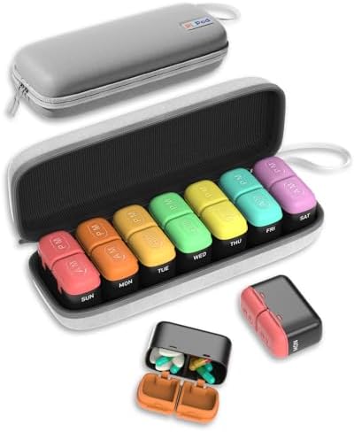 Weekly Pill Organizer,7 Day Travel Medicine Pill case with Moisture-Proof Silicone Lid, Large AM PM Daily Pill Organizer 2 Times a Day for Vitamins & Supplements, Pocket-Size Pill Box(Rainbow)