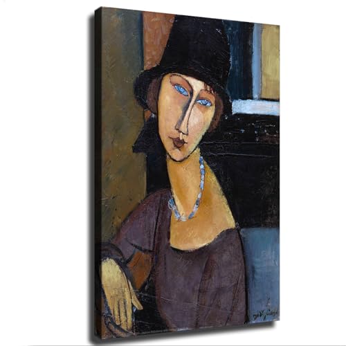 Jeanne Hebuterne with Hat and Necklace By Amedeo Modigliani Poster Canvas Wall Art Painting Print Painting Suitable for Bedroom Dormitory Living Room and Other Home Decor (08×12inch_Framed)