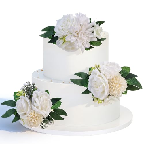 Ovveroche 3PCS Wedding Cake Toppers White Flowers for Cake Decorating, Pre-Made Silk Flowers for Baby Shower, Birthday Party, Mother's Day & Home Decor