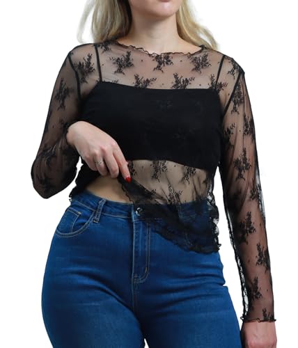 Lastshe Womens Plus Size Mesh Sheer Tops Lace Long Sleeve Sexy Shirts Crewneck Loose Fitted Outfits See Through Blouses,Black,3X