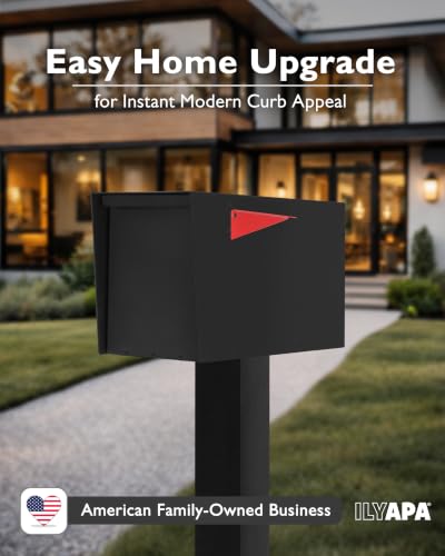 Image of Ilyapa Modern Mailbox for Post Mount - Black with Black Door Heavy Duty Powder Coated Steel, Waterproof Letter Box for Curbside Parcels, Corrosion Resistant with Recessed Magnetic Close Door, Large