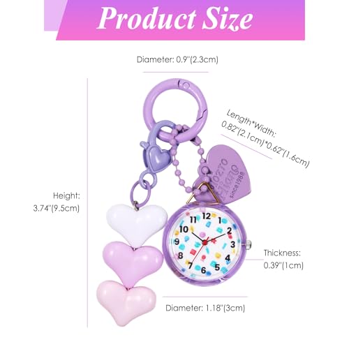 JewelryWe Karabineruhr Kinder Taschenuhr mit Karabiner: Lila Analog Quarz Uhr mit Herz Anhänger Schlüsselanhänger Outdoor Sport Clip auf Uhr für Mädchen Jugendliche und Studenten