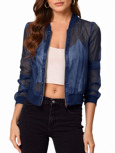 Fisoew Women's Crop Mesh Sheer Bomber Jackets Lightweight Long Sleeve