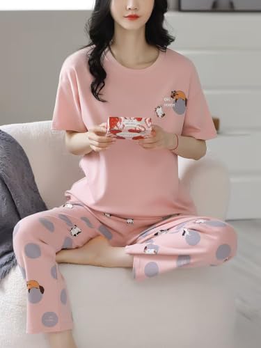 Image of Celary Korean Women's Pyjama Set|Half Sleeve T-Shirt & Printed Pyjama Set for Women|Size:- M to 4XL|Soft Cotton Blend Comfortable Night Suit for Women