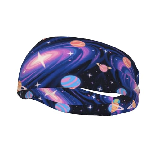 Boys Girls Sports Sweat Band, Multipurpose Long Head Ribbon for Sports Workout Spa, Fashion Universe Galaxy Stars Planets Art Headdress Hand Decor