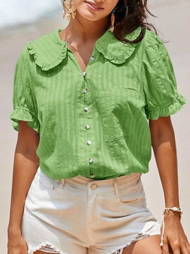 Image of Tankaneo Womens Puff Sleeve Shirts Peter Pan Collar Button Down Cotton Blouse Casual Summer Textured Tops