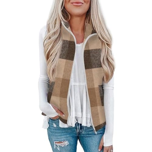 Rapbin Women's Plaid Outerwear Vests Tops Zip Up Collared Sleeveless Jacket with Pockects