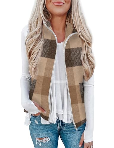 Rapbin Women's Plaid Outerwear Vests Tops Zip Up Collared Sleeveless Jacket with Pockects