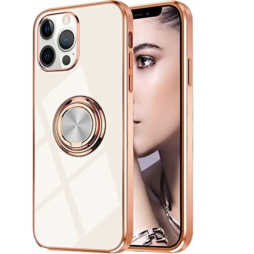 Omorro Compatible with Rose Gold iPhone 14 Pro Max Case for Women Girls Kickstand Ring Holder 360 TPU Rotation Ring Case with Stand Plating Edge Work with Magnetic Mount Slim Luxury Case, White