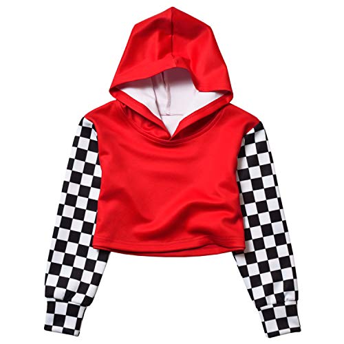 Image of Kids Girls Leather Plaid Long Sleeve Crop Top Hoddie Cropped Sweatershirts