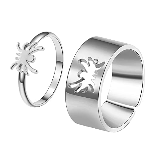 Matching Rings For Couples And Best Friend, 2Pcs Adjustable Cute Aesthetic Trendy Spider Promise Friendship Knuckle Silver Ring Jewelry For Boyfriend And Girlfriend Him And Her Sets Teen Girls Women #TOP12