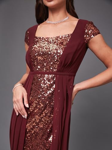 Image of Miss Chase Women's Round Neck Sleeve Embellished Fit Flare Maxi Dress