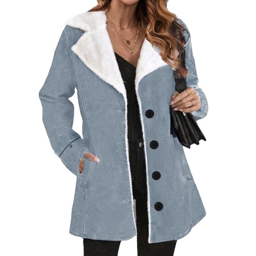 Image of Womens Winter Coats Fuzzy Sherpa Fleece Lined Jackets Shearling Lapel Hooded Parka Faux Suede Pea Coat Warm Outerwear