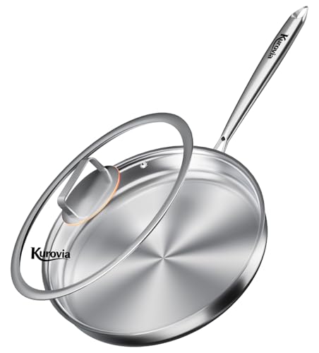 Kurovia Tri-Ply Stainless Steel Frying Pan Compatible with All Cooktops Up to 600 Large Frying Pan with lids Induction-Ready Skillet Dishwasher and Oven Safe Even Heat (10.8 Inch)