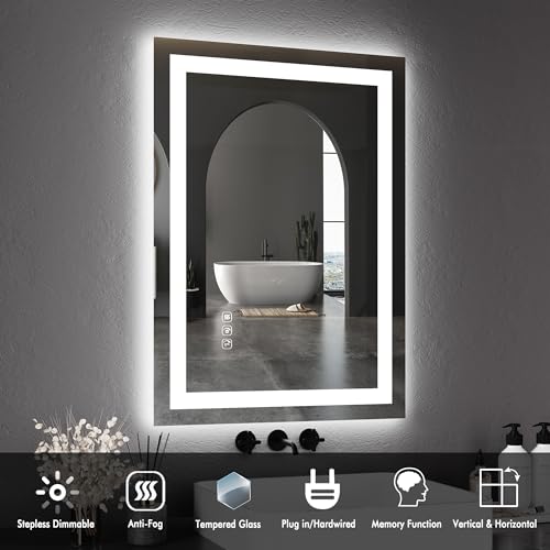 Image of GarveeHome 30 in x 22 in Led Bathroom Mirror with Front and Backlit, Stepless Dimmabl, Anti-Fog, Shatter-Proof, Memory, Wall Mounted Lighted Vanity Mirror(Horizontal /Vertical)