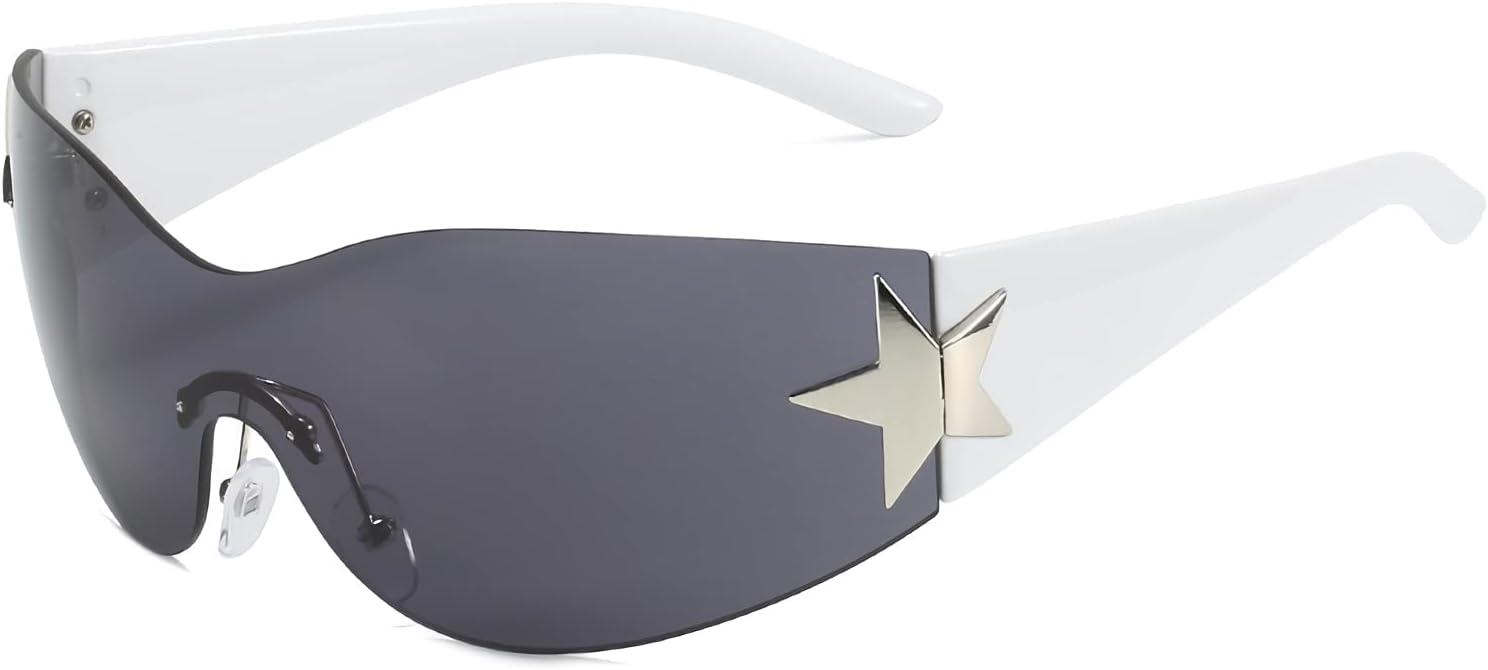 Trendy Y2K Wraparound Sunglasses, Women Men, Cool Star Shades, One Piece Transparent Tinted Lens, Rimless Futuristic, Oversized Wrap Around Glasses, UV400 Glasses, Street Photography Outdoor