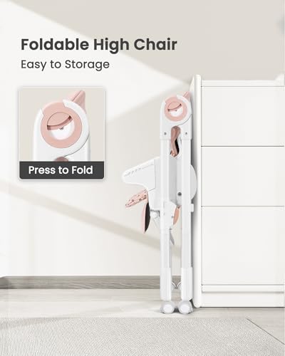 Foldable High Chair with Soft Cushion, High Chairs for Babies and Toddlers, Height Adjustable Feeding Chair, Adjustable Backrest and Footrest, Lockable Wheels, Star Pink