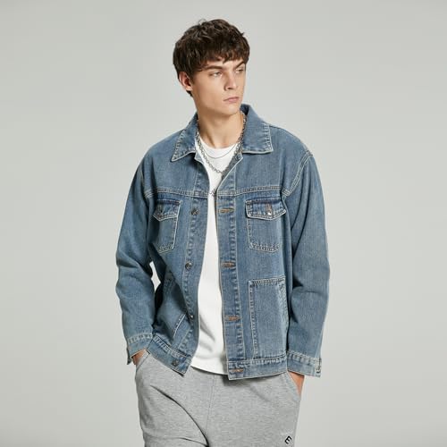 Image of Denim Jacket Men Vintage Autumn and Winter Tops Mens Denim Trucker Jacket