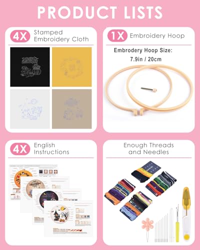 Image of TINDTOP Halloween Embroidery Kit for Adult, Embroidery DIY Starter Kit | 4 Pack with Stamped Patterns, Hoop, Tools, Colorful Threads with Needles, Instructions