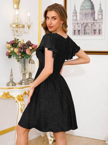 Image of oten Womens 2025 V Neck Ruffle Sleeve Sparkly Glitter Empire Waist Flared A Line Swing Cocktail Party Dress