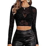 DAVBNM Women's Slim Fit Crop Tops Long Sleeve Top Sheer Sexy Mesh Shirts Tight Blouse Y2K Clothing Party Club Streetwear Black