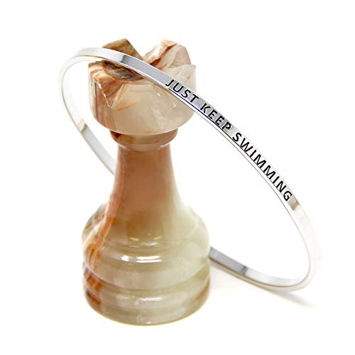 Me Plus Inspirational Bracelets For Personalized Gifts Positive Message Engraved Thin Bangle Hook Bracelet (Just Keep Swimming - Silver) #TOP3