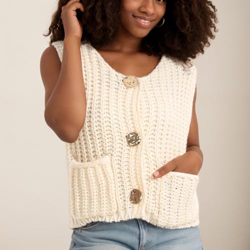 Image of Women's Sleeveless Chunky Knit Cardigan V-Neck Button Down Vest Casual Loose-Fitted Crochet Sweater with Pockets 2024