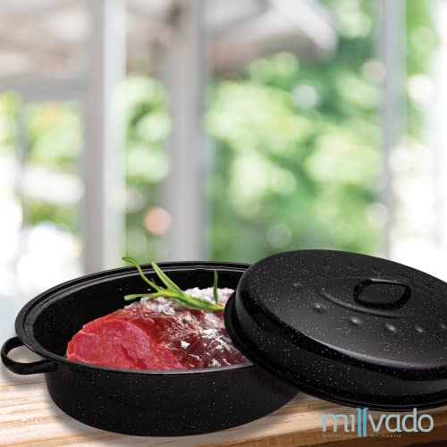 Millvado Roasting Pan With Lid, Turkey Roaster Pan, Extra Large 20 lb Capacity, 19" Granite Oven Roaster Oval Shaped Speckled Enamel on Steel Cookware