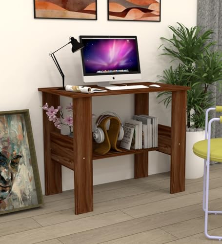 Image of Modern Compact Study Desk with Storage Shelf, Walnut Brown Wood Finish, Space-Saving Home Office Table, 90x50x74 cm