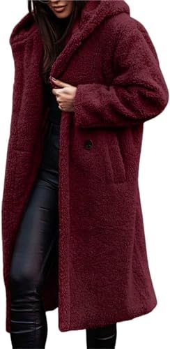 Women's Teddy Sherpa Plush Hooded Long Jacket Winter Warm Buttons Faux Fur Outwear Cardigan with Pockets